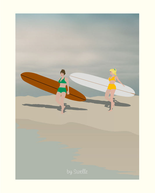 Affiche Gidget's Band. Inspirée du surf des années 6O, cette affiche fait partie de la nouvelle collection. L'illustration est disponible en deux dimensions : &nbsp;40x50 cm sur un papier 300g mat et A4 soit 21 x 29,7 cm . Vendue sans cadre. 