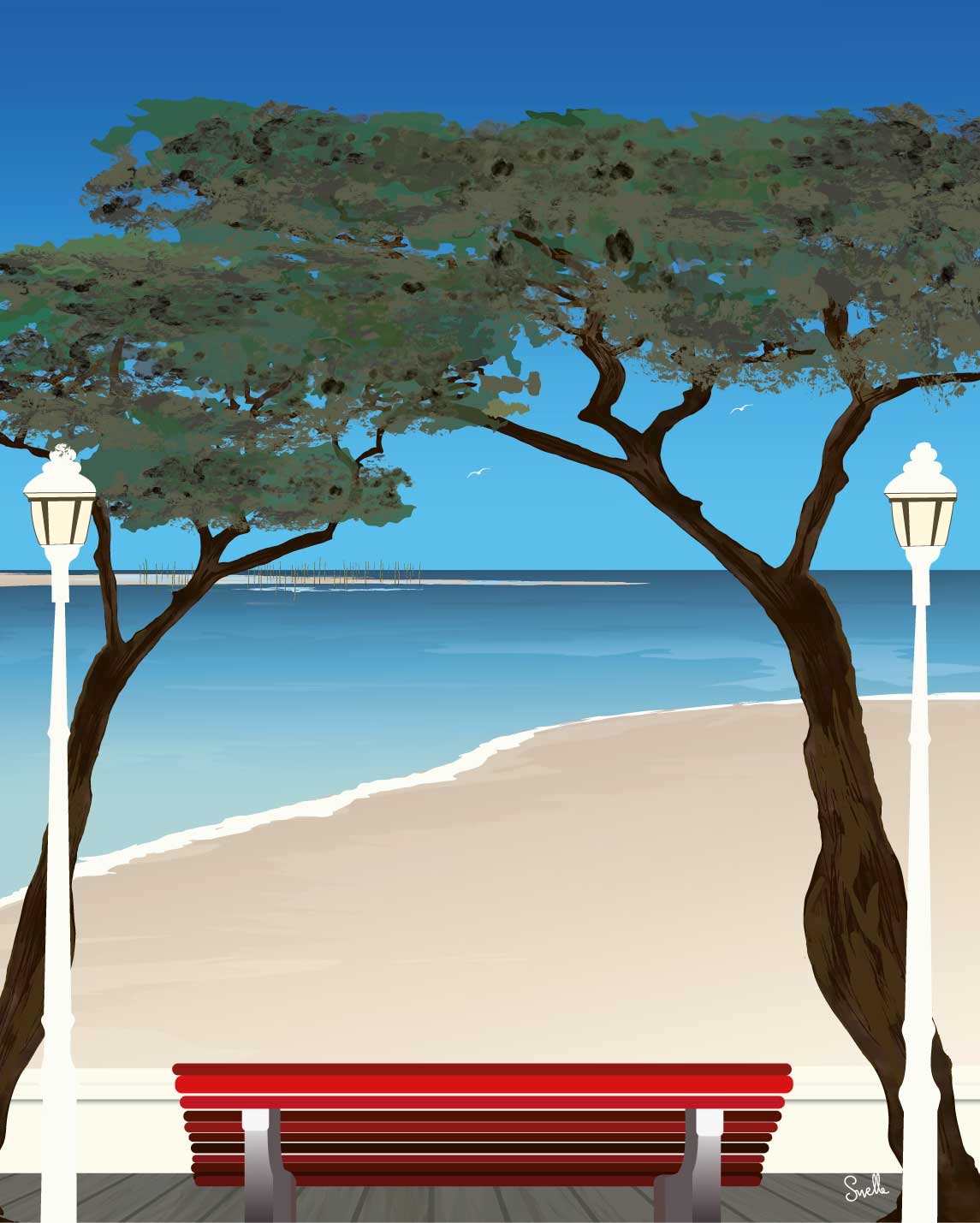 Affiche "sur le banc". Un petit coin à l’ombre des pins avec cette vue et quelle vue! . Celle du bassin d'Arcachon en plein été. Affiche à encadrer d un cadre noir ou &nbsp;bois dans une chambre, une entrée ou un salon. L'illustration est disponible en 40x50 cm . Vendue sans cadre. Petite astuce : pour agrandir l'effet vous pouvez ajouter un passe-partout et installer l'illustration dans un cadre plus grand.