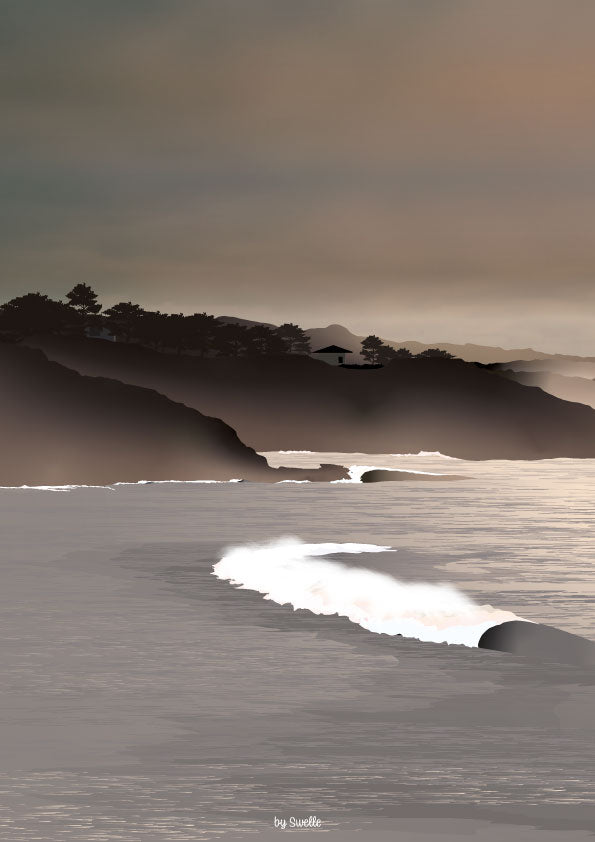 ffiche Sur la côte. Lorsque le coucher de soleil se mélange aux embruns des grosses houles d'automne qui frappe une partie de nos côtes, il en résulte une lumière particulière. Cette affiche fait partie de la nouvelle collection. Le choix de couleurs un peu sombre mais tout autant chaleureuses, le dessin plus minimaliste et le papier plus épais caractérisent cette nouvelle affiche. &nbsp;L'illustration est disponible en deux dimensions : &nbsp;40x50 cm avec bordure ou un plus petit format A4 